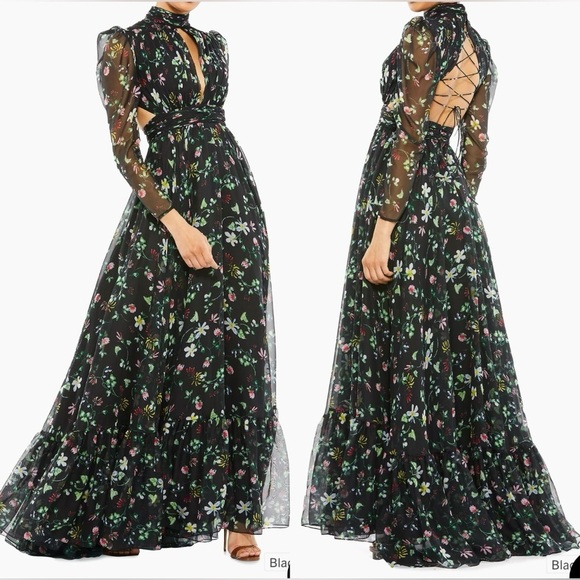 NWOT MAC DUGGAL Floral High Neck Puff Long Sleeve Gown sz 8 - Picture 1 of 8